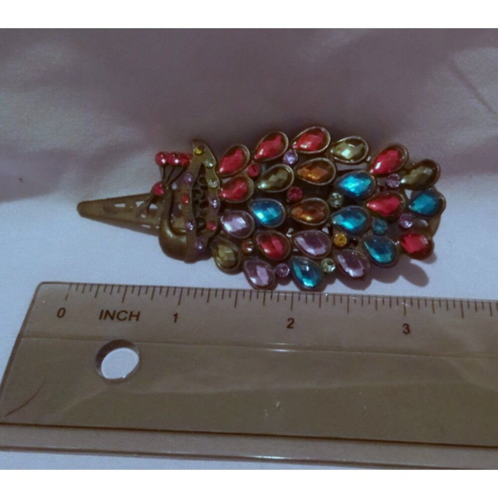 Vintage Multicolor Rhinestone Peacock Hair Clip Barrette